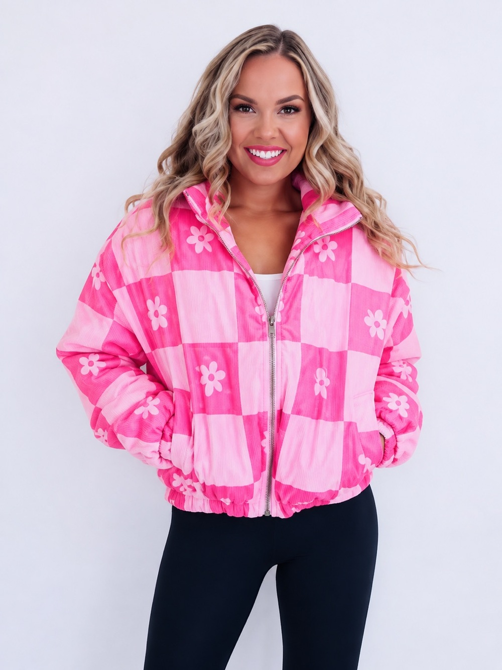 BaeVely Daisy Check Pink Puffer Jacket - Women - S